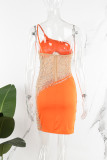 Orange Sexy Patchwork Hot Drilling See-through Backless Oblique Collar Sling Dress Dresses