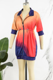Navy Blue Casual Print Patchwork Zipper Collar Short Sleeve Dress