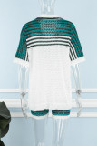 Green Casual Patchwork Hollowed Out Contrast Turndown Collar Short Sleeve Two Pieces