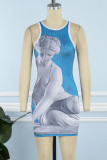 Blue Casual Print Patchwork O Neck Sleeveless Dress Dresses