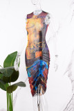 Yellow Casual Print Draw String Frenulum O Neck Sleeveless Dress Dresses