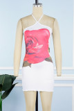 White Sexy Casual Print Backless Halter Sleeveless Dress Dresses