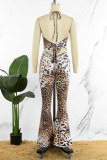Leopard Print Sexy Casual Print Leopard Hollowed Out Backless Halter Jumpsuits (Without Gloves)