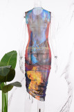 Yellow Casual Print Draw String Frenulum O Neck Sleeveless Dress Dresses