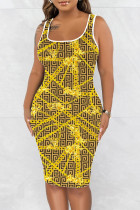 Gold Casual Print Basic U Neck Vest Dress Dresses