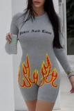 Grey Casual Print Basic O Neck Skinny Romper