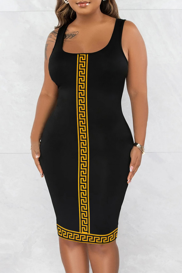 Black Casual Print Basic U Neck Vest Dress Dresses