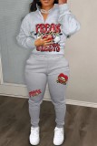 Light Gray Casual Print Basic V Neck Long Sleeve Two Pieces