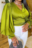 Green Sweet Elegant Solid Patchwork Fold V Neck Tops