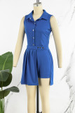 Navy Blue Elegant Solid Patchwork Buttons Fold Turndown Collar Regular Rompers