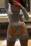 Grey Casual Print Basic O Neck Skinny Romper