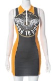 Dark Gray Sexy Casual Print Patchwork Zipper Collar Sleeveless Dress Dresses