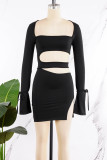 Black Sexy Street Solid Hollowed Out Patchwork Slit U Neck Sheath Dresses