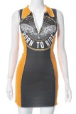 Dark Gray Sexy Casual Print Patchwork Zipper Collar Sleeveless Dress Dresses