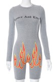 Grey Casual Print Basic O Neck Skinny Romper