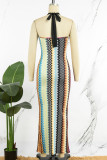 Colour Street Plaid Striped Patchwork Backless Printing Halter One Step Skirt Dresses
