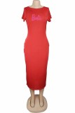 Red Casual Print Letter O Neck Pencil Skirt Dresses