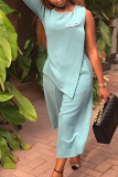 Light Green Casual Sweet Solid Patchwork Pocket Slit O Neck Nine Points Sleeve Two Pieces(No Brooch)