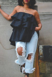 Black Casual Street Solid Patchwork Backless Off the Shoulder Tops