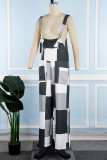 Black And White Street Print Patchwork Pocket Knotted Spaghetti Strap Loose Jumpsuits