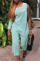 Light Green Casual Sweet Solid Patchwork Pocket Slit O Neck Nine Points Sleeve Two Pieces(No Brooch)