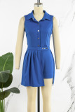 Navy Blue Elegant Solid Patchwork Buttons Fold Turndown Collar Regular Rompers