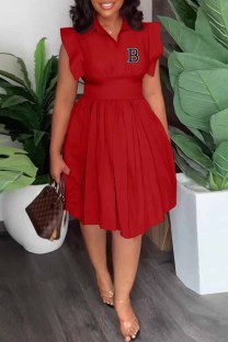 Red Casual Print Letter Turndown Collar Pleated Dresses
