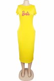 Yellow Casual Print Letter O Neck Pencil Skirt Dresses