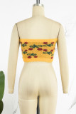 Yellow Sexy Sweet Print Patchwork Backless Strapless Tops