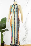 Colour Street Plaid Striped Patchwork Backless Printing Halter One Step Skirt Dresses