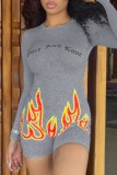 Grey Casual Print Basic O Neck Skinny Romper