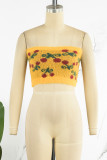 Yellow Sexy Sweet Print Patchwork Backless Strapless Tops