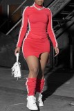 Red Casual Striped Patchwork Turtleneck Long Sleeve Dresses (With Pantyhose)