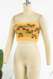 Yellow Sexy Sweet Print Patchwork Backless Strapless Tops