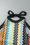 Colour Street Plaid Striped Patchwork Backless Printing Halter One Step Skirt Dresses