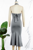 Black Street Solid Patchwork Frenulum Backless Halter One Step Skirt Dresses