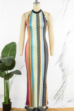 Colour Street Plaid Striped Patchwork Backless Printing Halter One Step Skirt Dresses