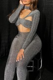 Silver Sexy Solid Hollowed Out Turtleneck Skinny Jumpsuits