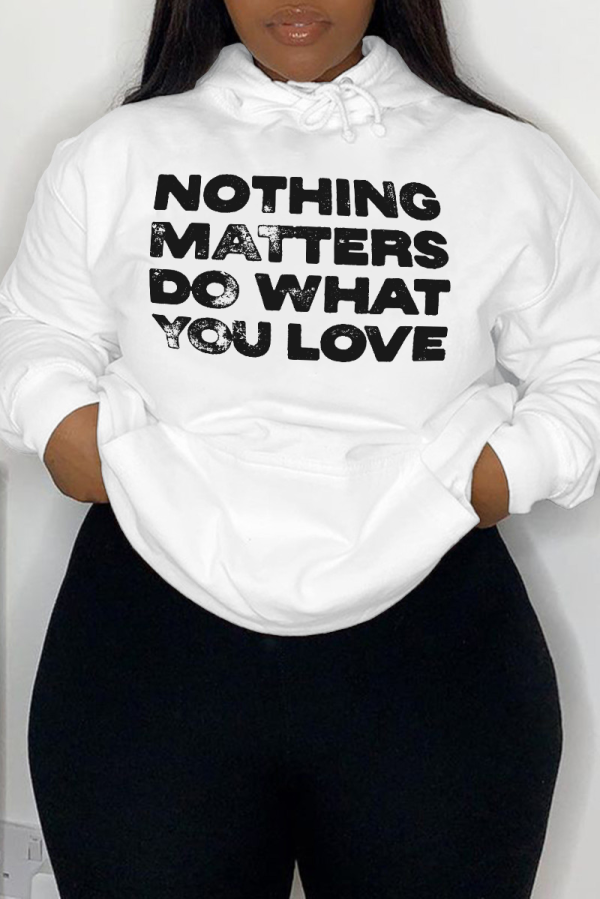 White Street Daily Print Draw String Letter Hooded Collar Tops