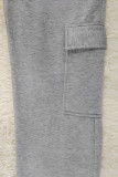 Light Gray Casual Solid Patchwork Draw String Pocket Straight Mid Waist Straight Solid Color Bottoms