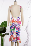 Pink Sweet Celebrities Letter Patchwork Backless Printing U Neck Sheath Dresses