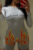 Grey Casual Print Basic O Neck Skinny Romper