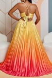 Pink Sexy Formal Gradual Change Print Backless Pleated Spaghetti Strap Evening Dress Dresses