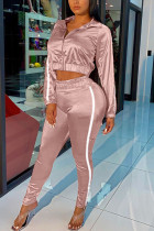 Pink Casual Street Sportswear Blends Patchwork Solid Patchwork Pants Zipper Collar Long Sleeve Regular Sleeve Regular Two Pieces