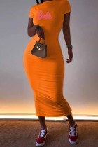Orange Casual Print Letter O Neck Pencil Skirt Dresses