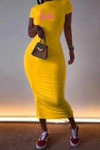Yellow Casual Print Letter O Neck Pencil Skirt Dresses
