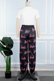 Pink Casual Print Letter O Neck Short Sleeve Two Pieces