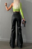 Green Casual Solid Frenulum Skinny High Waist Conventional Solid Color Trousers