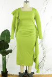 Green Elegant Solid Patchwork Flounce Square Collar Evening Dress Dresses