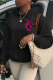 Black Street Vintage Print Draw String Hooded Collar Tops